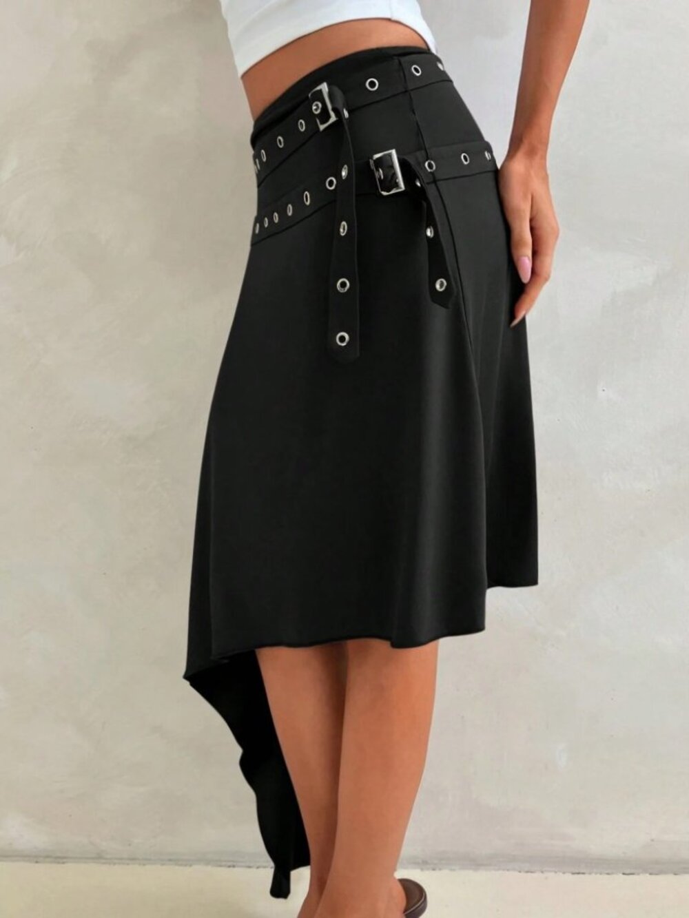 Black Grommet Belt Asymmetric Midi / Mini Skirt - Picture 7 of 8